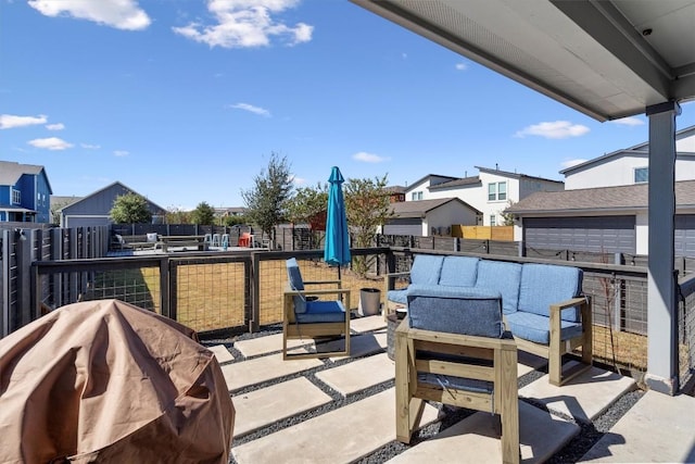 8712 Mina Dr, Austin, TX 78747 - fenced backyard featuring an outdoor hangout area, a residential view, and a patio