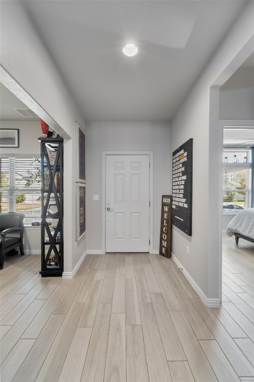 corridor with light hardwood / wood-style floors and a healthy amount of sunlight