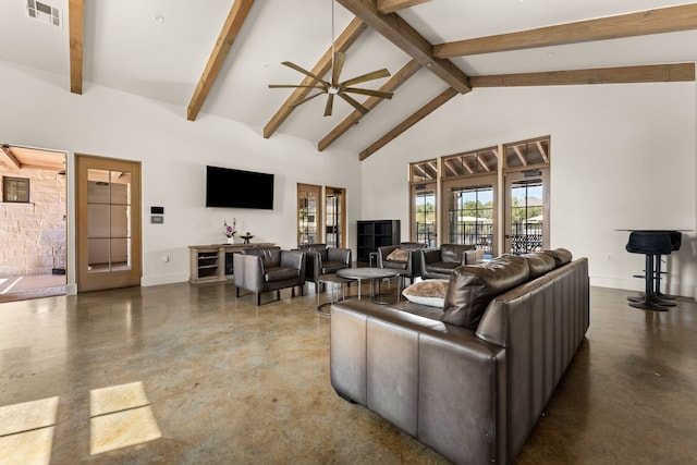 living room with ceiling fan, french doors, high vaulted ceiling, and beamed ceiling