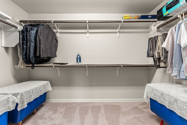 walk in closet featuring light colored carpet