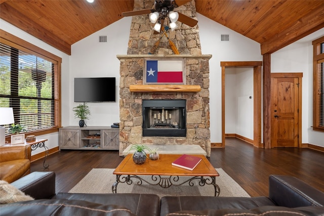 living room featuring high vaulted ceiling, wood ceiling, dark hardwood / wood-style floors, and a fireplace