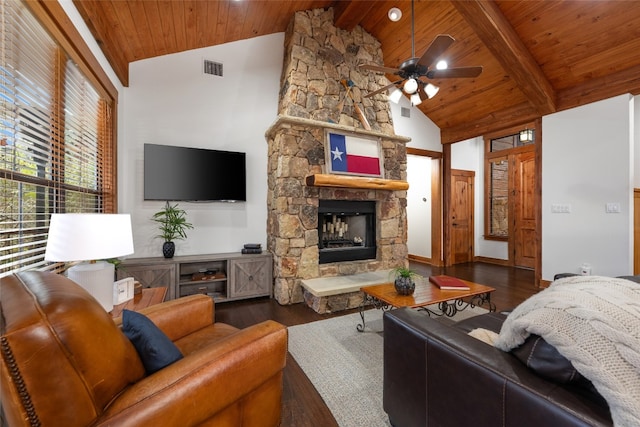 living room with a stone fireplace, dark wood-type flooring, wooden ceiling, high vaulted ceiling, and beamed ceiling