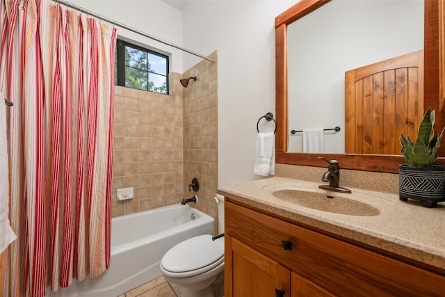 full bathroom with toilet, shower / tub combo with curtain, vanity, and tile patterned floors