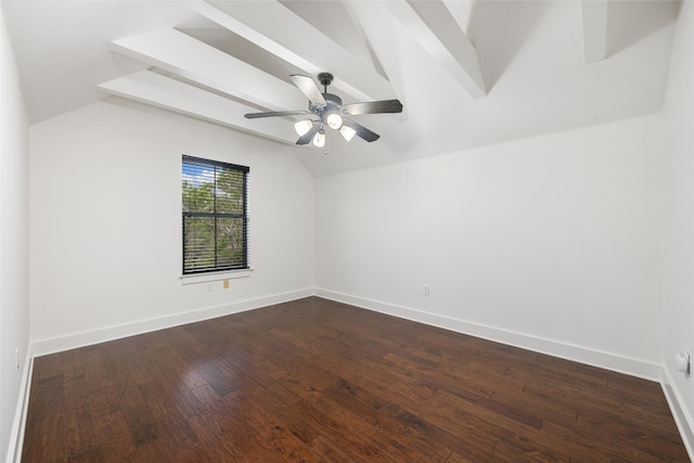 unfurnished room with dark wood-type flooring, ceiling fan, and lofted ceiling with beams