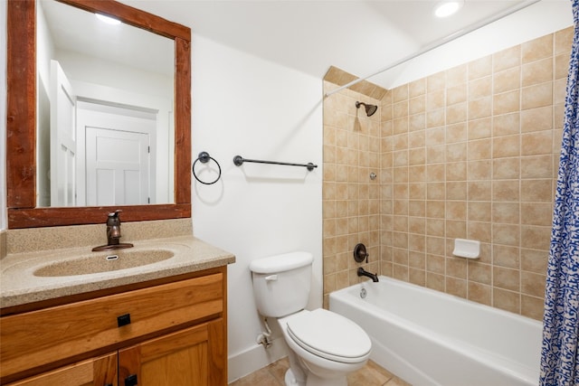 full bathroom featuring toilet, shower / tub combo with curtain, vanity, and tile patterned flooring