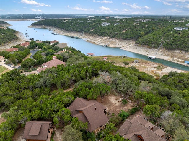 drone / aerial view featuring a water view