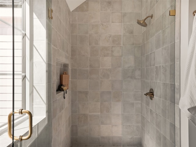 bathroom with a shower with shower door