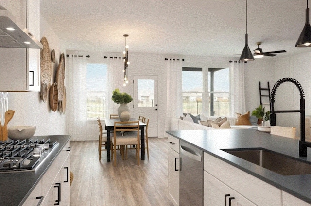 kitchen with stainless steel appliances, white cabinets, sink, pendant lighting, and light hardwood / wood-style flooring