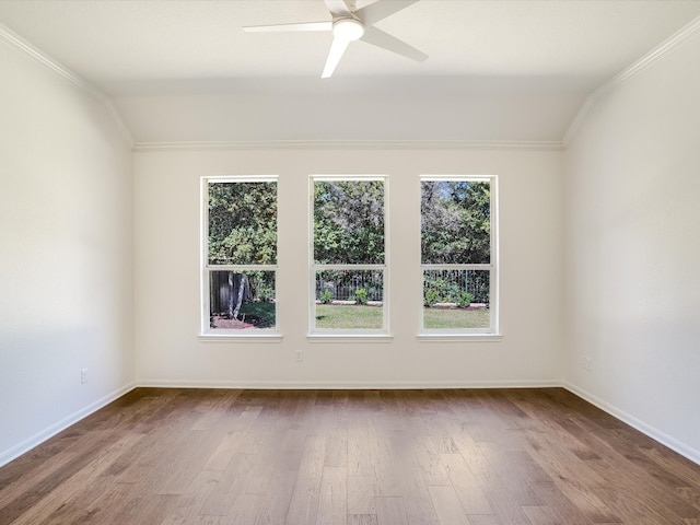 unfurnished room with ceiling fan, wood-type flooring, and vaulted ceiling