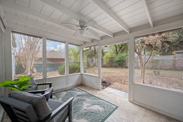 sunroom / solarium featuring ceiling fan and beam ceiling