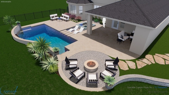 view of swimming pool featuring an outdoor living space and a patio area