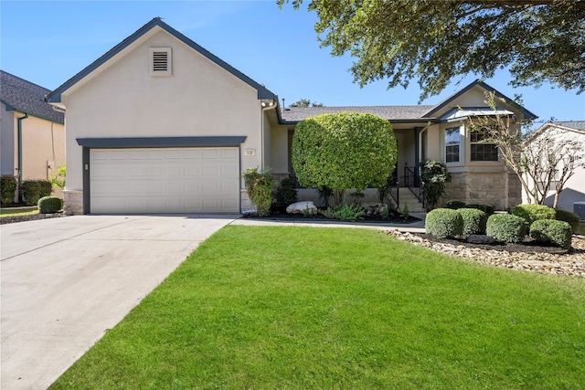 ranch-style home featuring a garage and a front yard