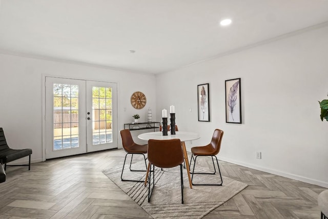 dining area with recessed lighting, baseboards, ornamental molding, and french doors