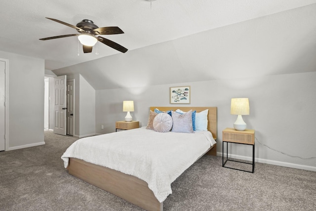 bedroom featuring ceiling fan, carpet, and vaulted ceiling