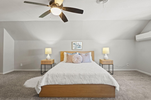 carpeted bedroom with ceiling fan, an AC wall unit, and vaulted ceiling