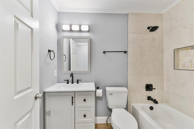 full bath with vanity, ornamental molding, a textured wall, shower / bathtub combination, and toilet