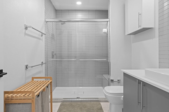 full bath featuring a shower stall, toilet, and vanity