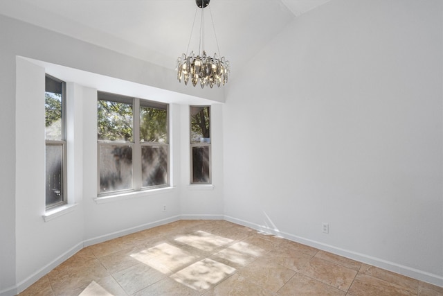 unfurnished dining area with a notable chandelier, light tile patterned flooring, and vaulted ceiling