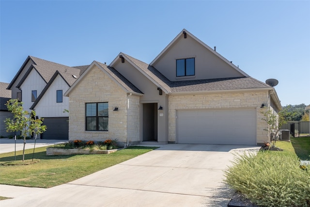 view of front of home with cooling unit and a front yard