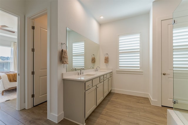 bathroom featuring vanity and hardwood / wood-style floors