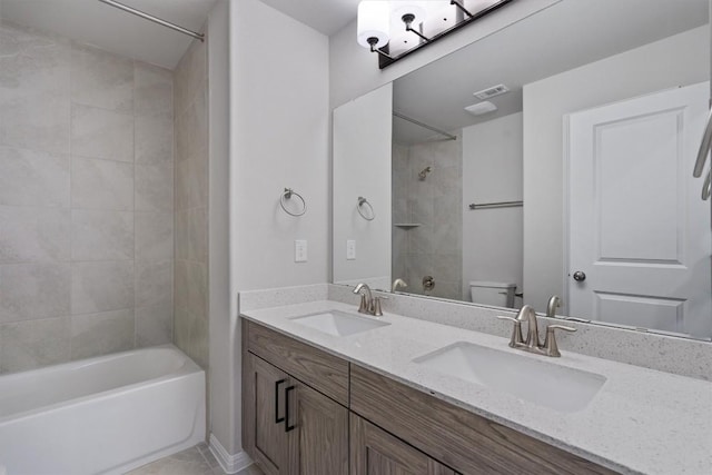 132 Scenic Hills Cir, Georgetown, TX 78628 - bathroom with toilet, bathing tub / shower combination, tile patterned floors, and double vanity