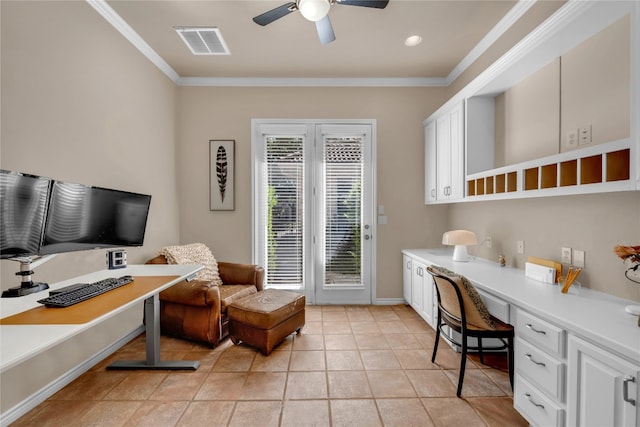 office area featuring light tile patterned floors, ceiling fan, built in desk, and ornamental molding