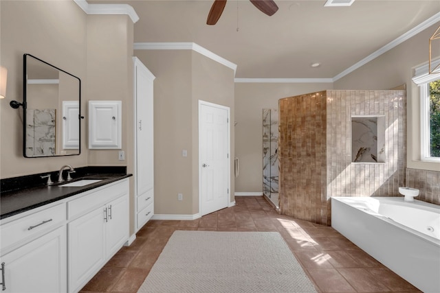 bathroom featuring ornamental molding, tile patterned flooring, vanity, and separate shower and tub