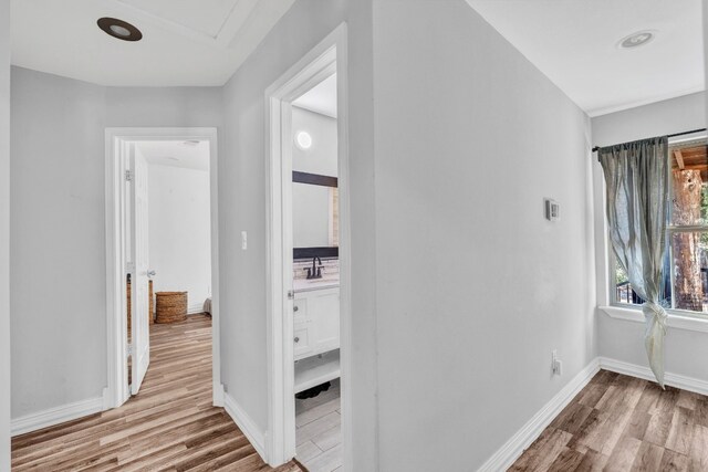 hall featuring sink and light hardwood / wood-style flooring