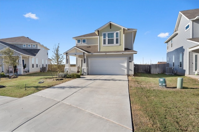 view of front of home featuring central AC unit, a front yard, and a garage