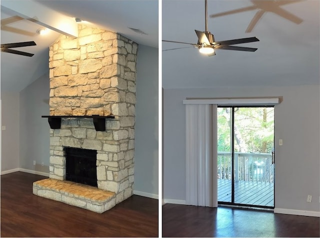 unfurnished living room featuring vaulted ceiling with beams, ceiling fan, a stone fireplace, and dark wood-type flooring