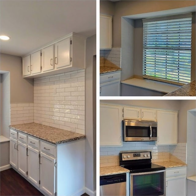 kitchen featuring light stone countertops, white cabinetry, backsplash, and appliances with stainless steel finishes