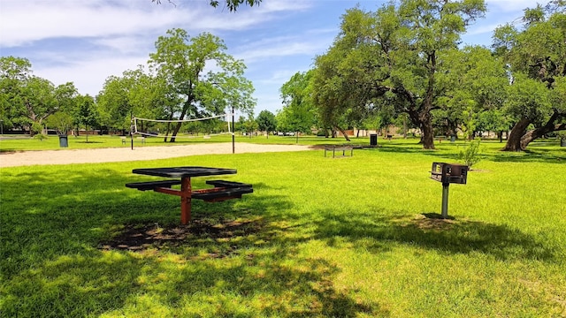 surrounding community with volleyball court and a lawn