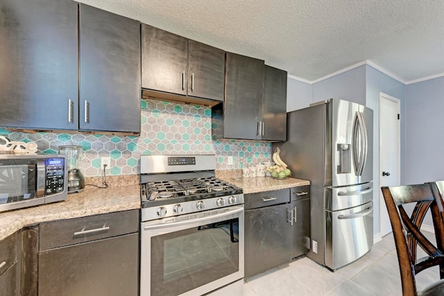 kitchen featuring stainless steel appliances, ventilation hood, light stone countertops, ornamental molding, and tasteful backsplash