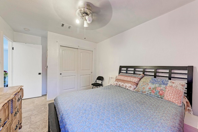 bedroom featuring ceiling fan and a closet