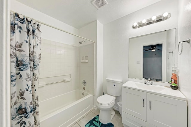 full bathroom with toilet, a textured ceiling, tile patterned flooring, shower / bath combo with shower curtain, and vanity