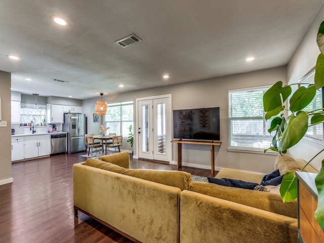 living room featuring dark wood-type flooring, sink, and plenty of natural light