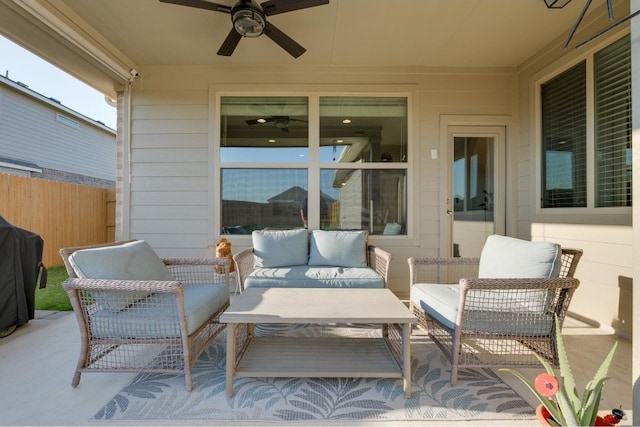 view of patio with ceiling fan and an outdoor hangout area