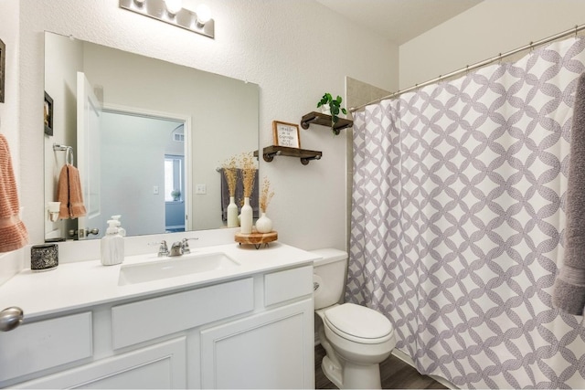 bathroom featuring vanity, curtained shower, and toilet