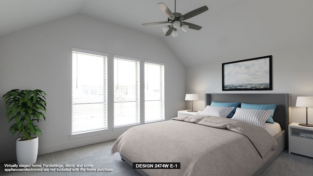 bedroom with vaulted ceiling, light colored carpet, and ceiling fan