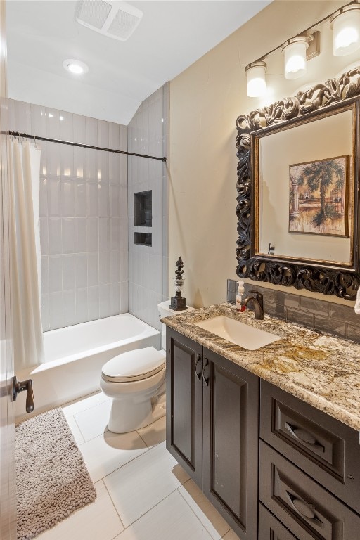 full bathroom with shower / bath combination with curtain, vanity, decorative backsplash, tile patterned flooring, and toilet