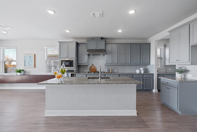 kitchen featuring gray cabinetry, a kitchen island with sink, a wealth of natural light, and dark wood-type flooring