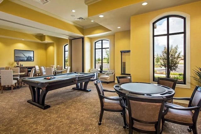 recreation room featuring carpet, a healthy amount of sunlight, crown molding, and billiards