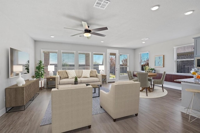 living room featuring ceiling fan, plenty of natural light, dark wood-type flooring, and a textured ceiling