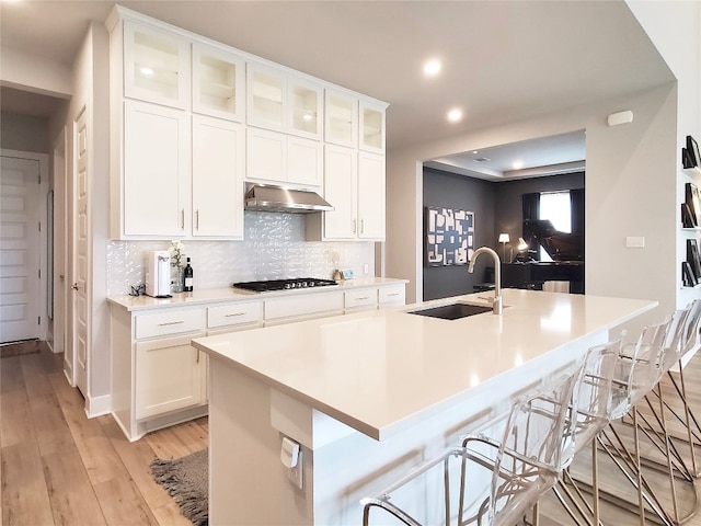 kitchen featuring range hood, sink, an island with sink, and white cabinets