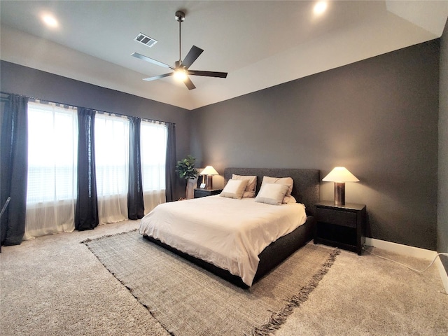 carpeted bedroom with ceiling fan