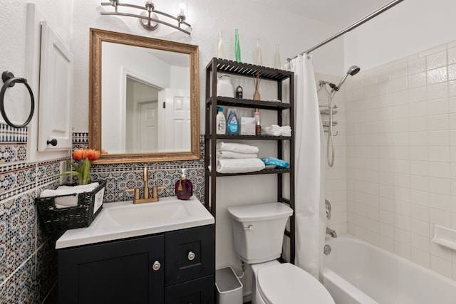 full bathroom featuring vanity, shower / bath combo, toilet, and backsplash