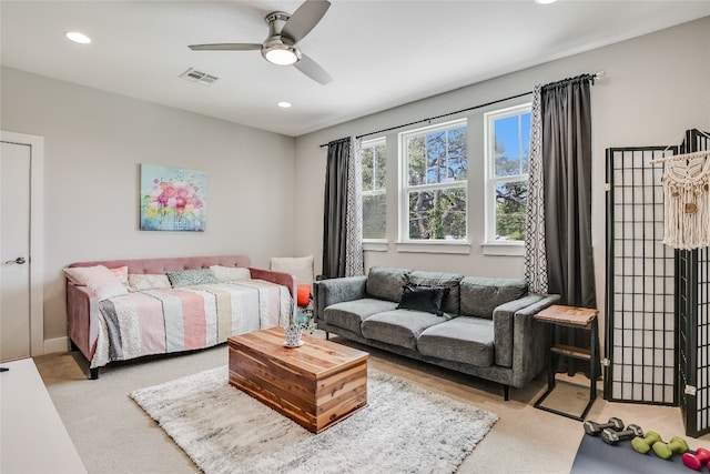 2717 Geraghty Ave, Austin, TX 78757 - bedroom featuring light carpet, recessed lighting, and a ceiling fan