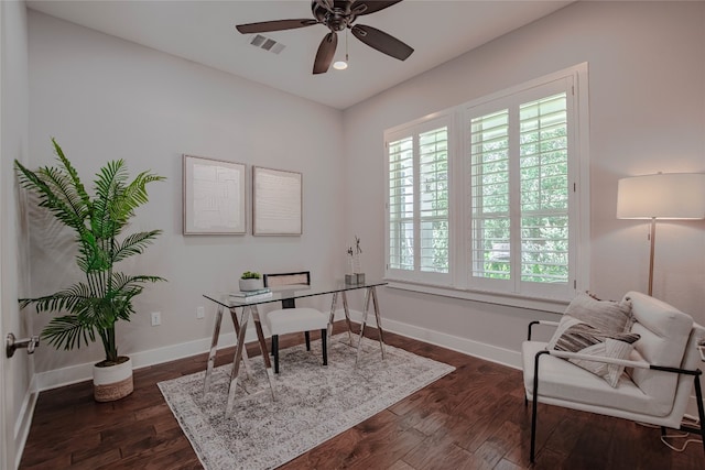 2717 Geraghty Ave, Austin, TX 78757 - home office featuring a ceiling fan, dark wood finished floors, and plenty of natural light