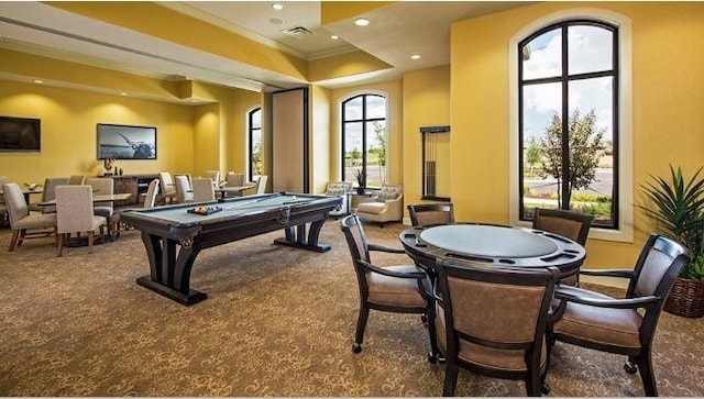 recreation room featuring ornamental molding, billiards, and carpet