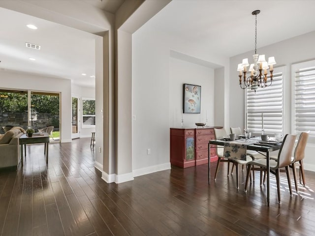 7405 Senger Pl, Austin, TX 78726 - dining space featuring baseboards, a chandelier, dark wood-style flooring, and recessed lighting